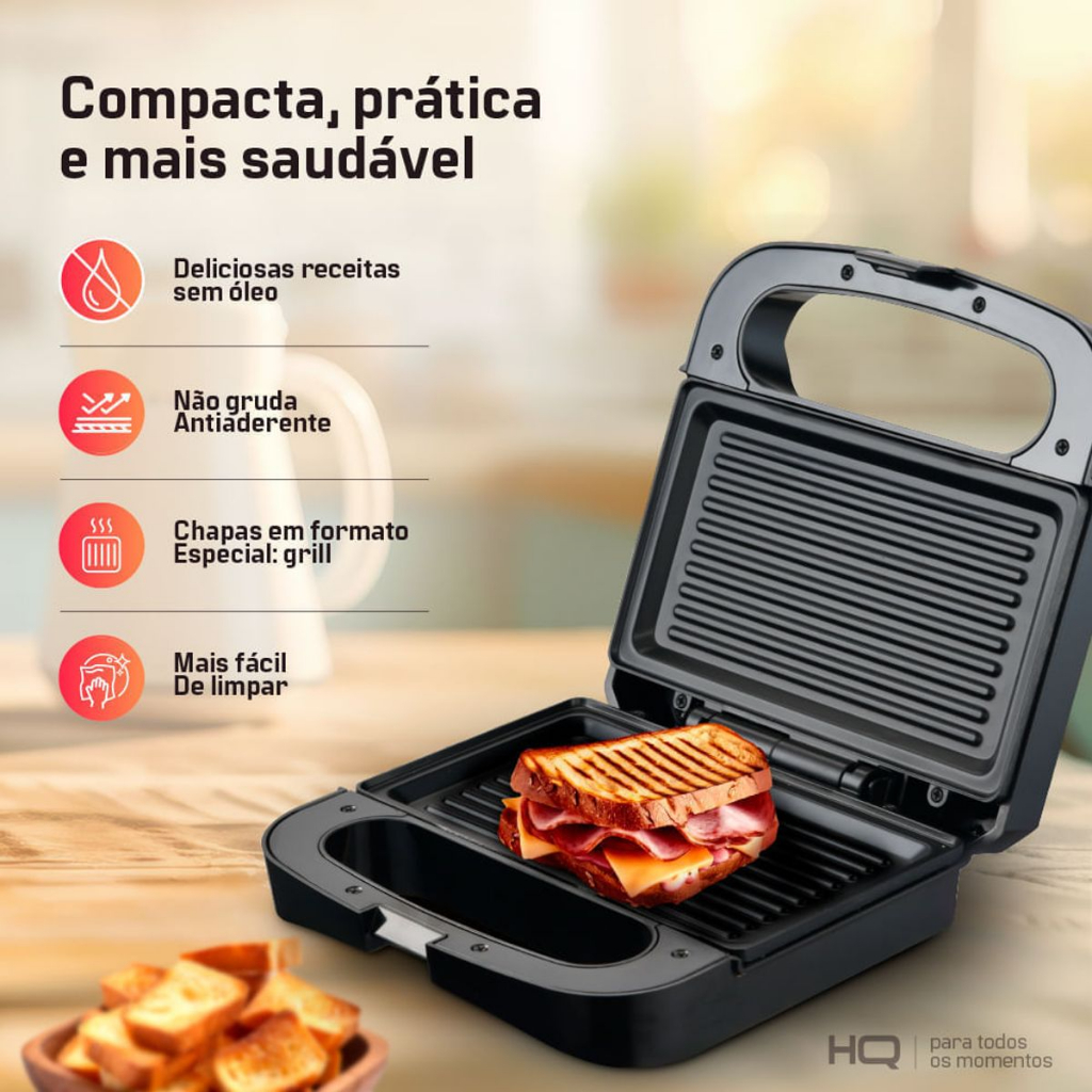 Sanduicheira e Grill HQ 750W Antiaderente Inox HQ-SG001 - 127V