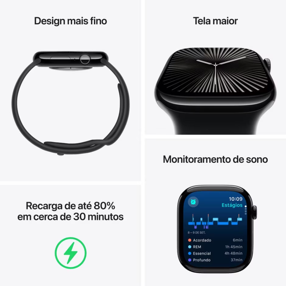 Apple Watch Series 10 42mm GPS Preto Brilhante com Pulseira Esportiva Preta - P/M