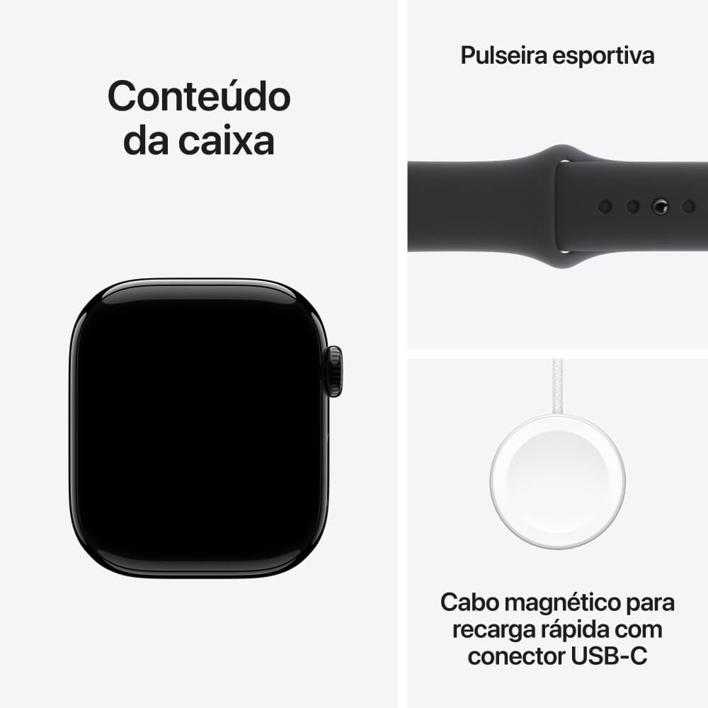 Apple Watch Series 10 42mm GPS Preto Brilhante com Pulseira Esportiva Preta - P/M