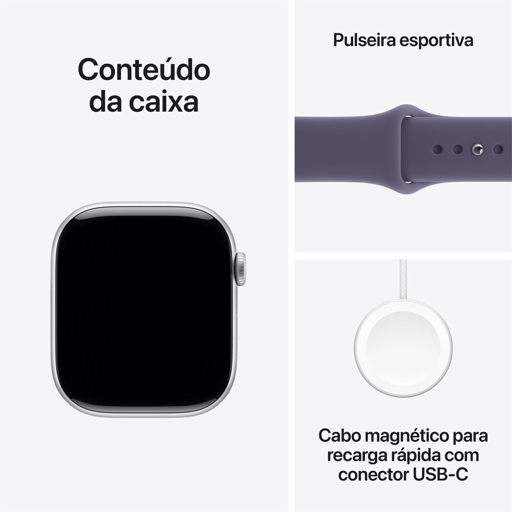 Apple Watch Series 11 46mm GPS Prata com Pulseira Esportiva Roxo Névoa - P/M