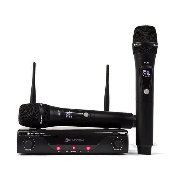 Microfone Sem Fio Kadosh K-412M UHF Duplo Bastão com Bateria Recarregavel, até 50 m de distancia