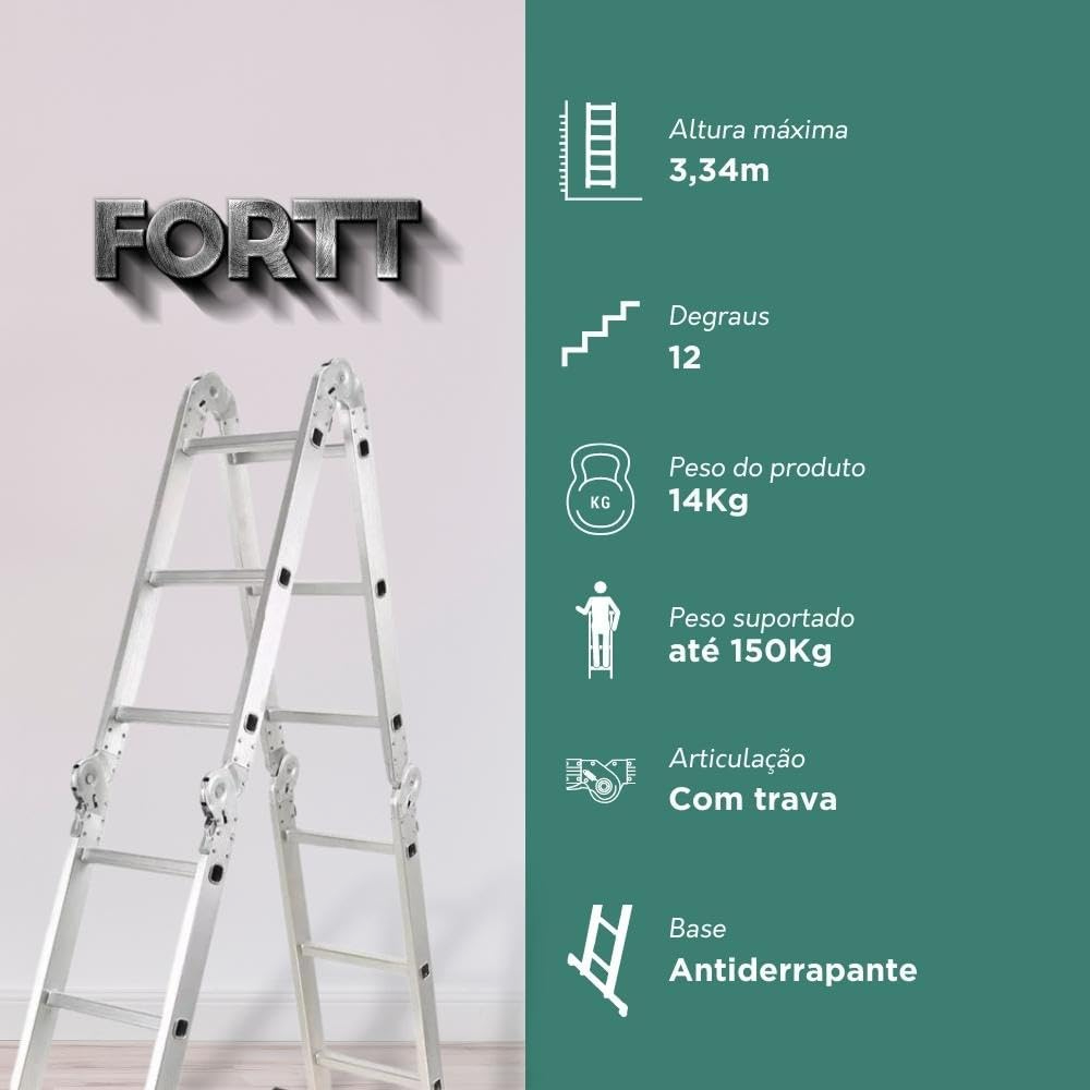 Escada Articulada Multifuncional 4x3 Alumínio Fortt 12 Degraus 3.34m