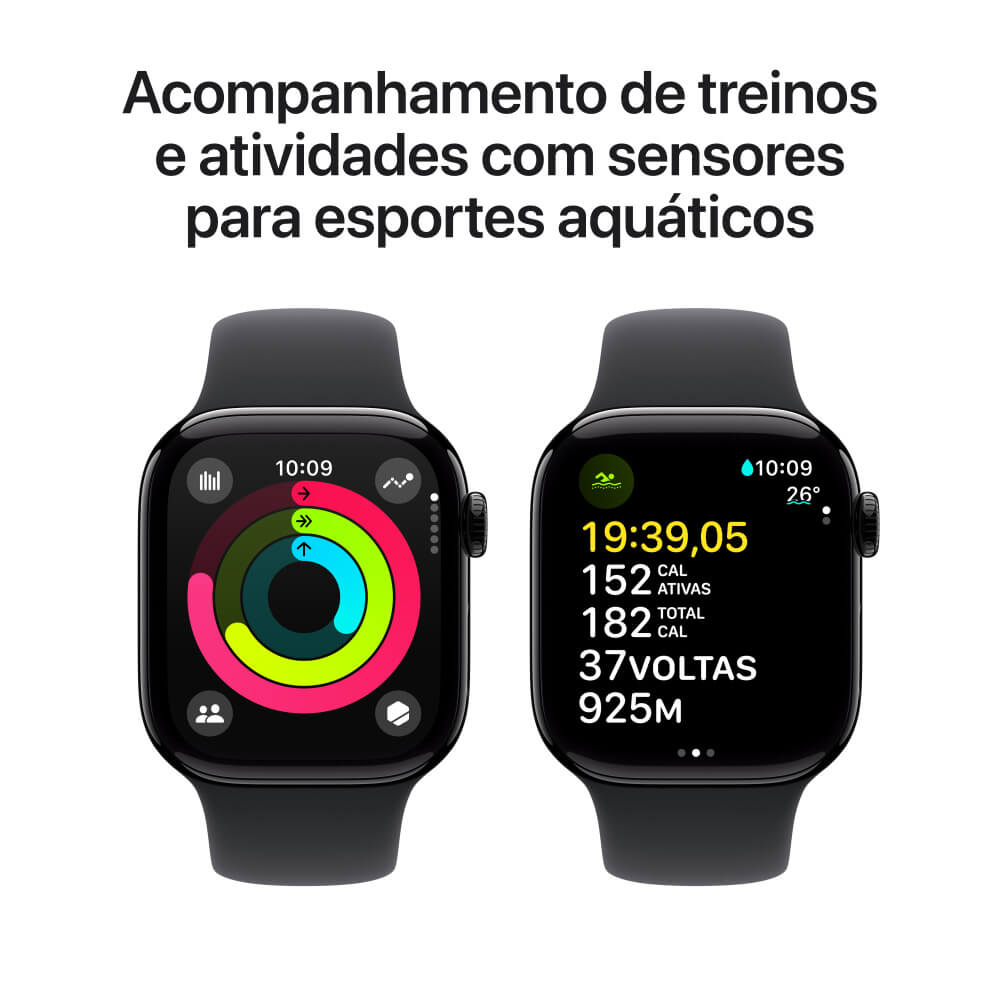 Apple Watch Series 10 42mm GPS Preto Brilhante com Pulseira Esportiva Preta - P/M