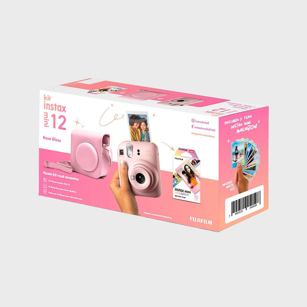 Kit Câmera Fujifilm Instax Mini 12 Rosa + Filme de 10 + Bolsa Rosa